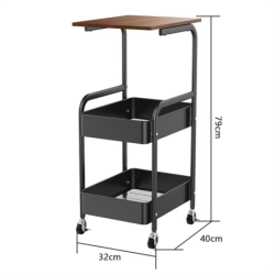Chariot de Rangement 3 Niveaux Métal Noir & Bois  77 x 43 x 30 cm  Roulettes Métal Autobloquantes