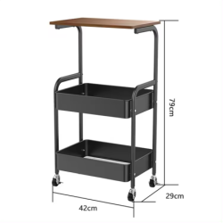 Chariot de Rangement 3 Niveaux Métal Noir & Bois  77 x 43 x 30 cm  Roulettes Métal Autobloquantes