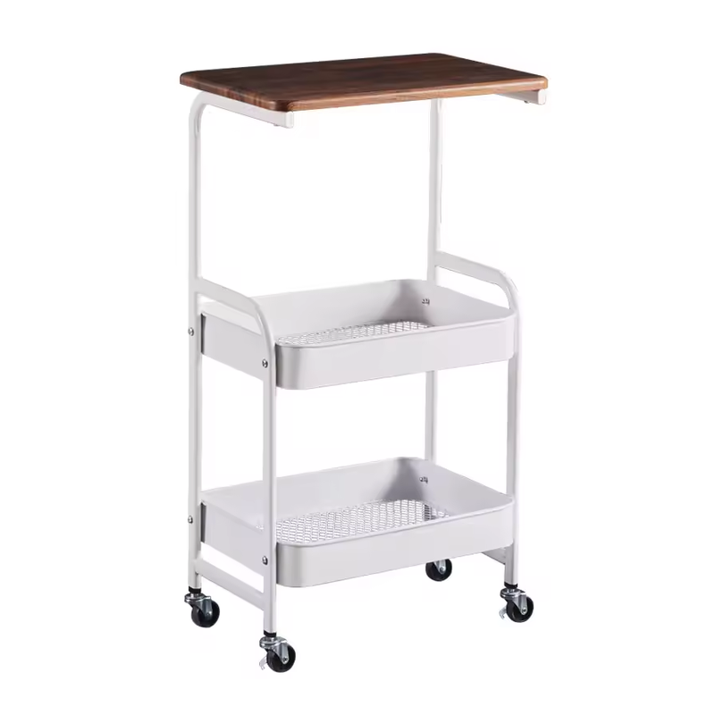 Chariot de Rangement 3 Niveaux Métal Blanc & Bois  77 x 43 x 30 cm  Roulettes Métal Autobloquantes
