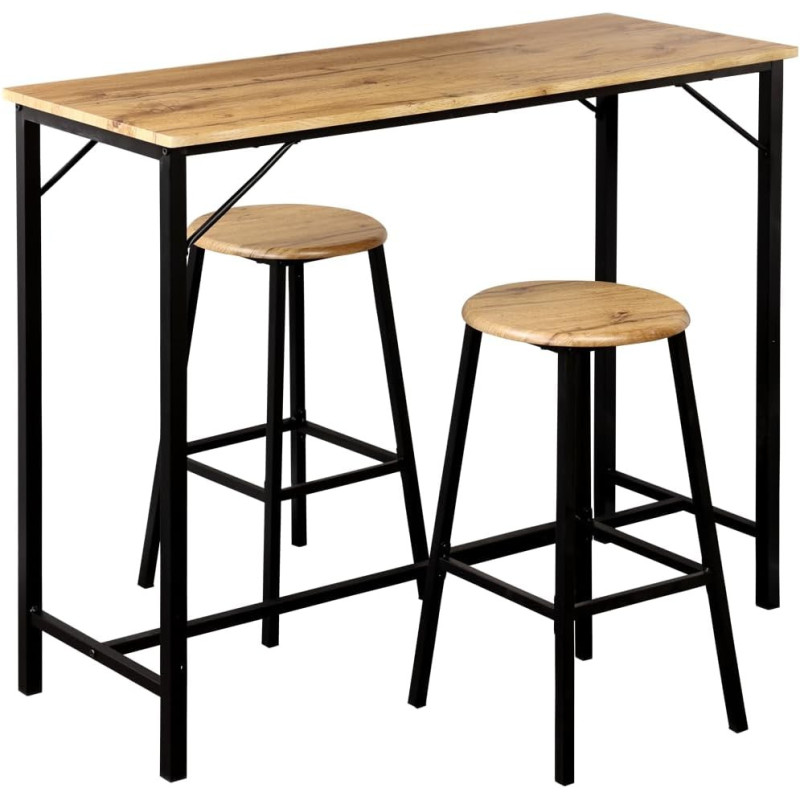Ensemble Table de Bar et 2 Tabourets Hauts de Cuisine - Bois FSC et Métal