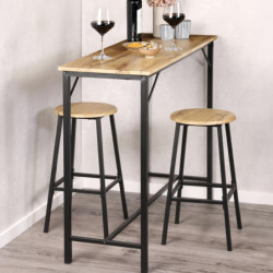 Ensemble Table de Bar et 2 Tabourets Hauts de Cuisine - Bois FSC et Métal