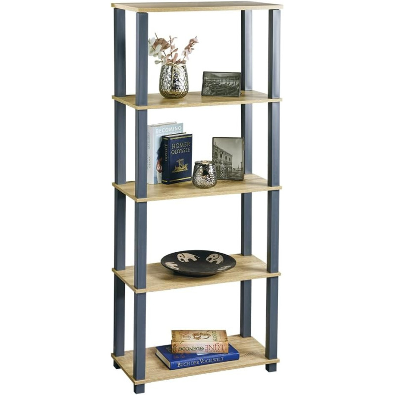 Étagère de Rangement 5 Niveaux - Bois FSC et Structure Noire - 60 × 28 × 147 cm