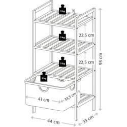 Étagère Bambou 4 Niveaux avec Panier Textile - Bois FSC - 44 × 33 × 93 cm