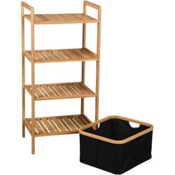 Étagère Bambou 4 Niveaux avec Panier Textile - Bois FSC - 44 × 33 × 93 cm