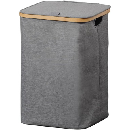 Panier à Linge Rectangulaire 50L avec Couvercle Bambou FSC - Tissu Polyester Gris