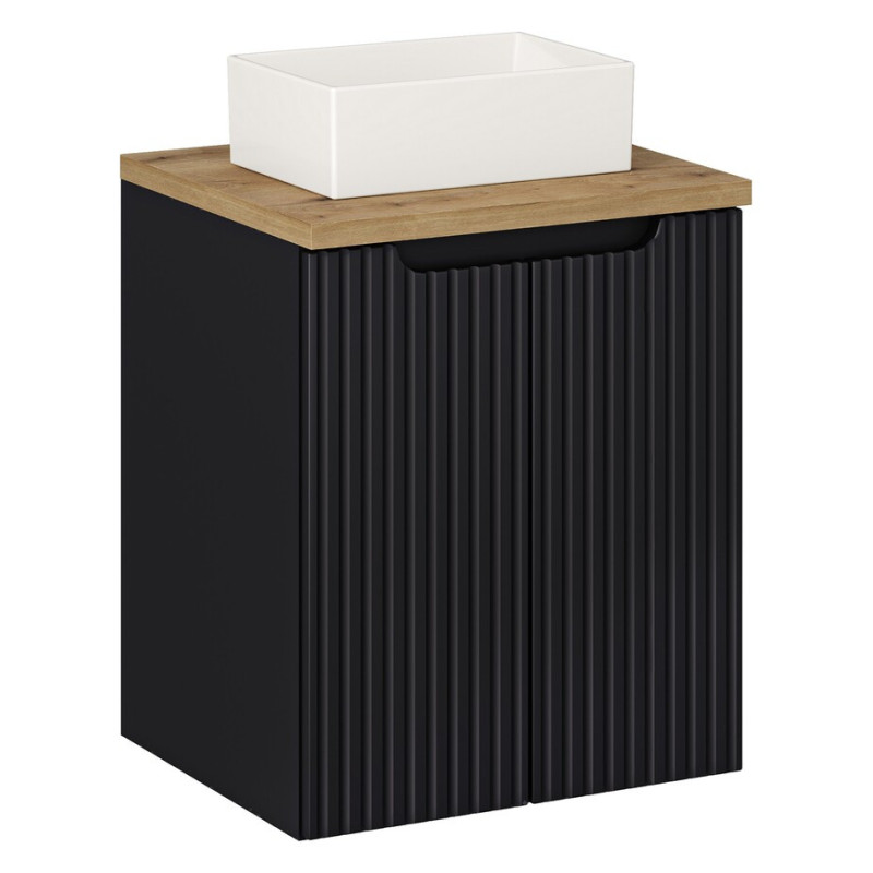 Ensemble Meuble Salle de Bain 2 portes + Vasque + Plateau L 50 x P 40 x H 59,5 cm - Astral - Noir et effet chêne