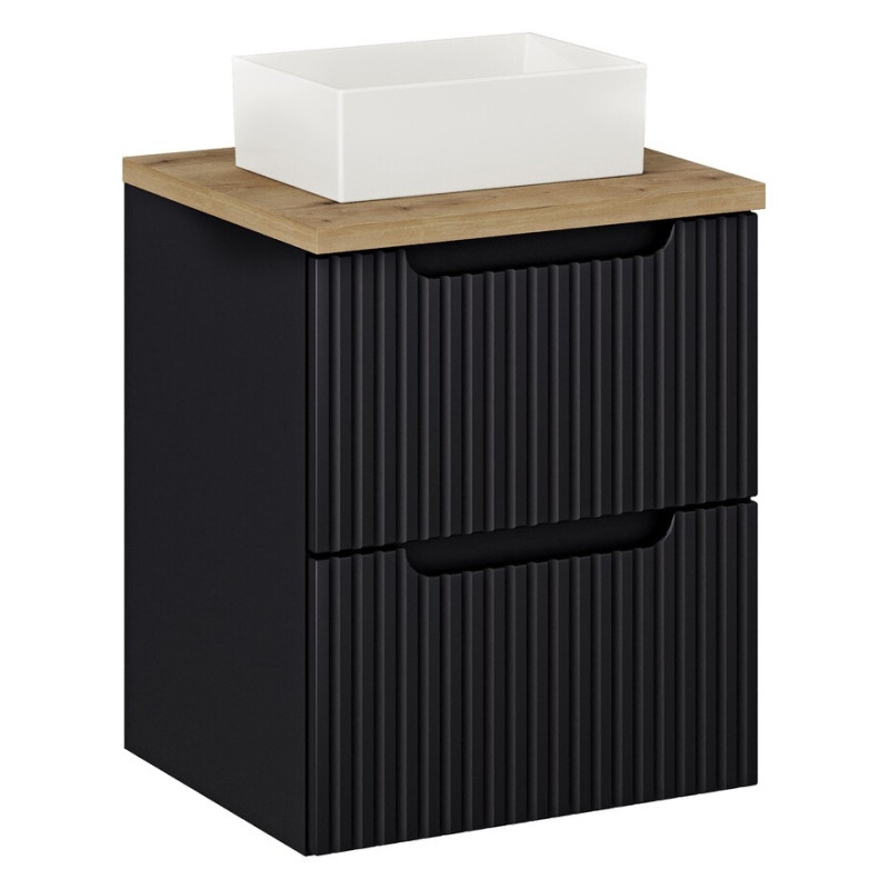 Ensemble Meuble Salle de Bain 2 tiroirs + Vasque + Plateau L 50 x P 40 x H 59,5 cm - Astral - Noir et effet chêne