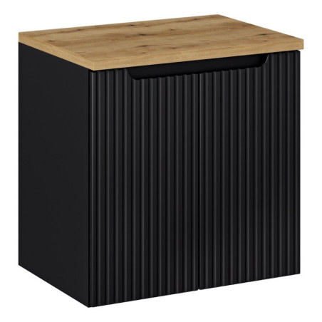 Ensemble Meuble Salle de Bain 2 portes + Vasque + Plateau L 60 x P 40 x H 59,5 cm - Astral - Noir et effet chêne