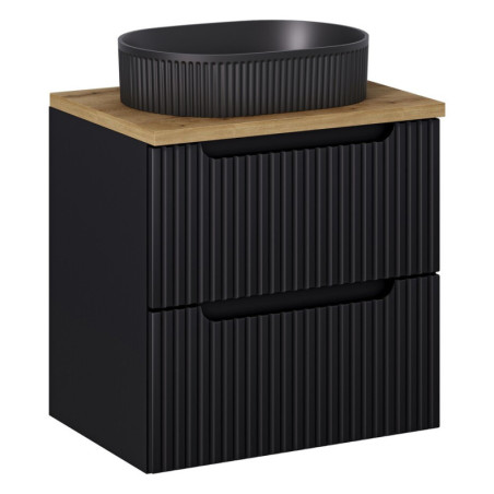 Ensemble Meuble Salle de Bain 2 tiroirs + Vasque + Plateau L 60 x P 40 x H 59,5 cm - Astral - Noir et effet chêne