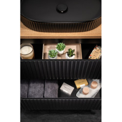 Ensemble Meuble Salle de Bain 2 tiroirs + Vasque + Plateau L 80 x P 40 x H 59,5 cm - Astral - Noir et effet chêne