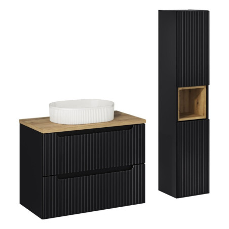 Ensemble Meuble Salle de Bain 2 tiroirs + Vasque + Plateau L 80 x P 40 x H 59,5 cm + Colonne - Astral - Noir et effet chêne