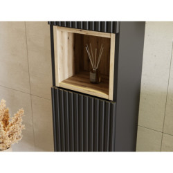 Ensemble Meuble Salle de Bain 2 tiroirs + Vasque + Plateau L 80 x P 40 x H 59,5 cm + Colonne - Astral - Noir et effet chêne