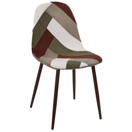 Chaise en Velours Côtelé Patchwork Vintage - Vert + Terracotta + Blanc + Taupe - Piètement en Métal Couleur Noyer
