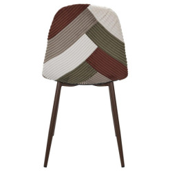 Chaise en Velours Côtelé Patchwork Vintage - Vert + Terracotta + Blanc + Taupe - Piètement en Métal Couleur Noyer