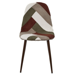 Lot de 2 Chaises en Velours Côtelé Patchwork Vintage - Vert + Terracotta + Blanc + Taupe - Piètement en Métal Couleur Noyer