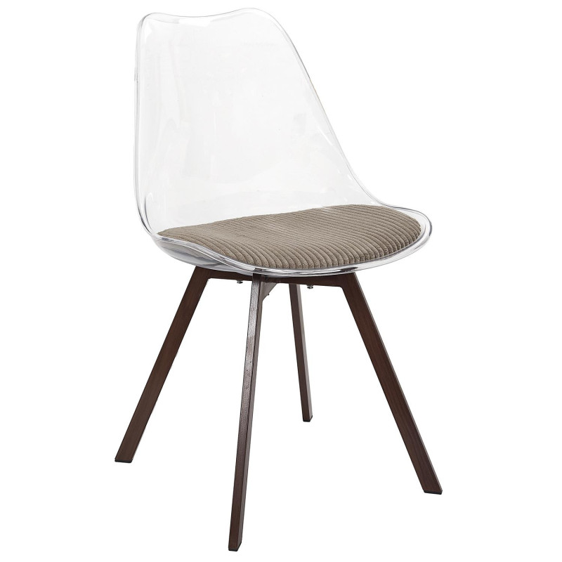 Chaise Coque Transparente avec Coussin Velours Cotelé Taupe rembourré - Piètement métal effet Bois Foncé