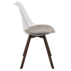 Chaise Coque Transparente avec Coussin Velours Cotelé Taupe rembourré - Piètement métal effet Bois Foncé