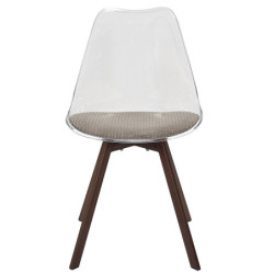 Lot de 2 Chaises Coque Transparente avec Coussin Velours Cotelé Taupe rembourré - Piètement métal effet Bois Foncé