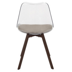 Lot de 2 Chaises Coque Transparente avec Coussin Velours Cotelé Taupe rembourré - Piètement métal effet Bois Foncé