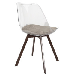 Lot de 2 Chaises Coque Transparente avec Coussin Velours Cotelé Taupe rembourré - Piètement métal effet Bois Foncé