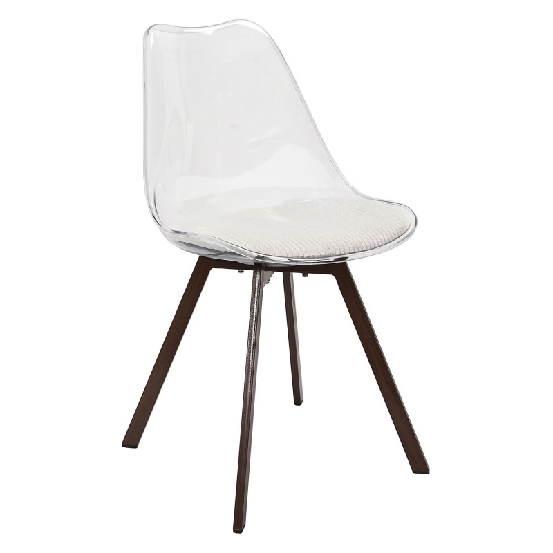 Chaise Coque Transparente avec Coussin Velours Cotelé Blanc rembourré - Piètement métal effet Bois Foncé