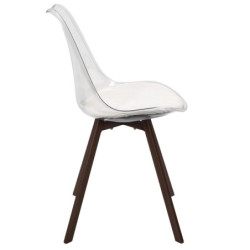 Chaise Coque Transparente avec Coussin Velours Cotelé Blanc rembourré - Piètement métal effet Bois Foncé