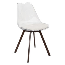 Lot de 2 Chaises Coque Transparente avec Coussin Velours Cotelé Blanc rembourré - Piètement métal effet Bois Foncé