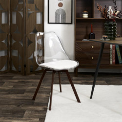 Lot de 2 Chaises Coque Transparente avec Coussin Velours Cotelé Blanc rembourré - Piètement métal effet Bois Foncé