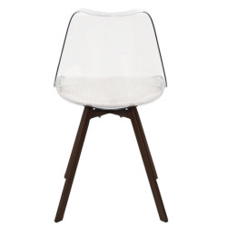 Lot de 2 Chaises Coque Transparente avec Coussin Velours Cotelé Blanc rembourré - Piètement métal effet Bois Foncé