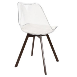 Lot de 2 Chaises Coque Transparente avec Coussin Velours Cotelé Blanc rembourré - Piètement métal effet Bois Foncé