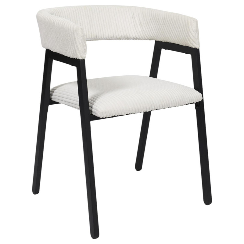 Fauteuil Design Minimaliste en Velours Cotelé Blanc et Piètement en Métal Noir