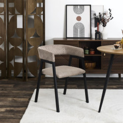 Fauteuil Design Minimaliste en Velours Cotelé Taupe et Piètement en Métal Noir
