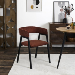 Fauteuil Design Minimaliste en Velours Cotelé Terracotta et Piètement en Métal Noir