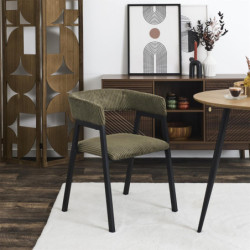 Fauteuil Design Minimaliste en Velours Cotelé Vert et Piètement en Métal Noir