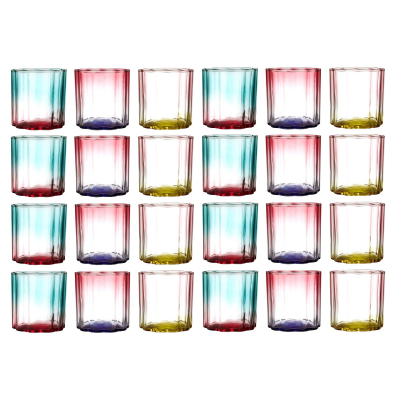 Lot de 24 Verres à Jus Colorés Dégradés 20cL - Couleurs Estivales Bleu Turquoise, Jaune, Violet, Rouge