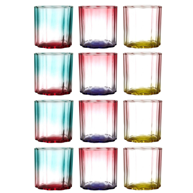 Lot de 12 Verres à Jus Colorés Dégradés 20cL - Couleurs Estivales Bleu Turquoise, Jaune, Violet, Rouge