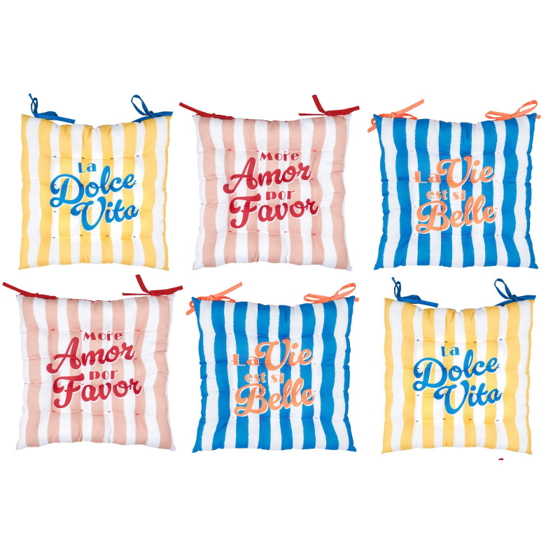 Lot de 6 galettes de Chaises Déperlantes Extérieur/Intérieur motifs estivaux 40x40cm - 2 Attaches Nouettes - Dolce Vita
