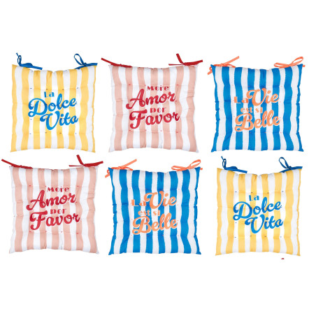 Lot de 6 galettes de Chaises Déperlantes Extérieur/Intérieur motifs estivaux 40x40cm - 2 Attaches Nouettes - Dolce Vita