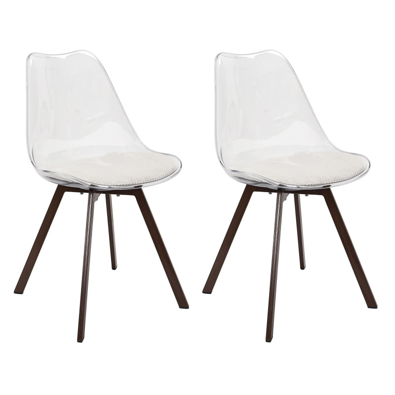 Lot de 2 Chaises Coque Transparente avec Coussin Velours Cotelé Blanc rembourré - Piètement métal effet Bois Foncé