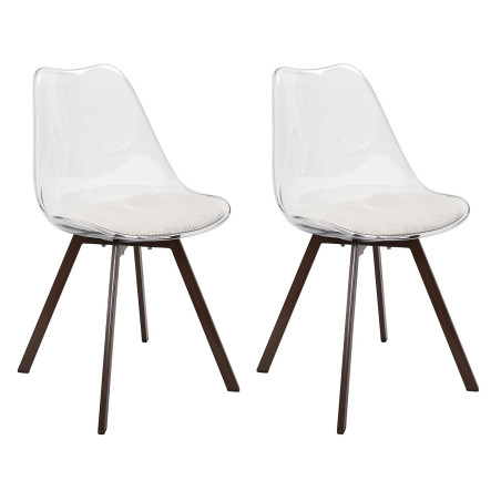 Lot de 2 Chaises Coque Transparente avec Coussin Velours Cotelé Blanc rembourré - Piètement métal effet Bois Foncé