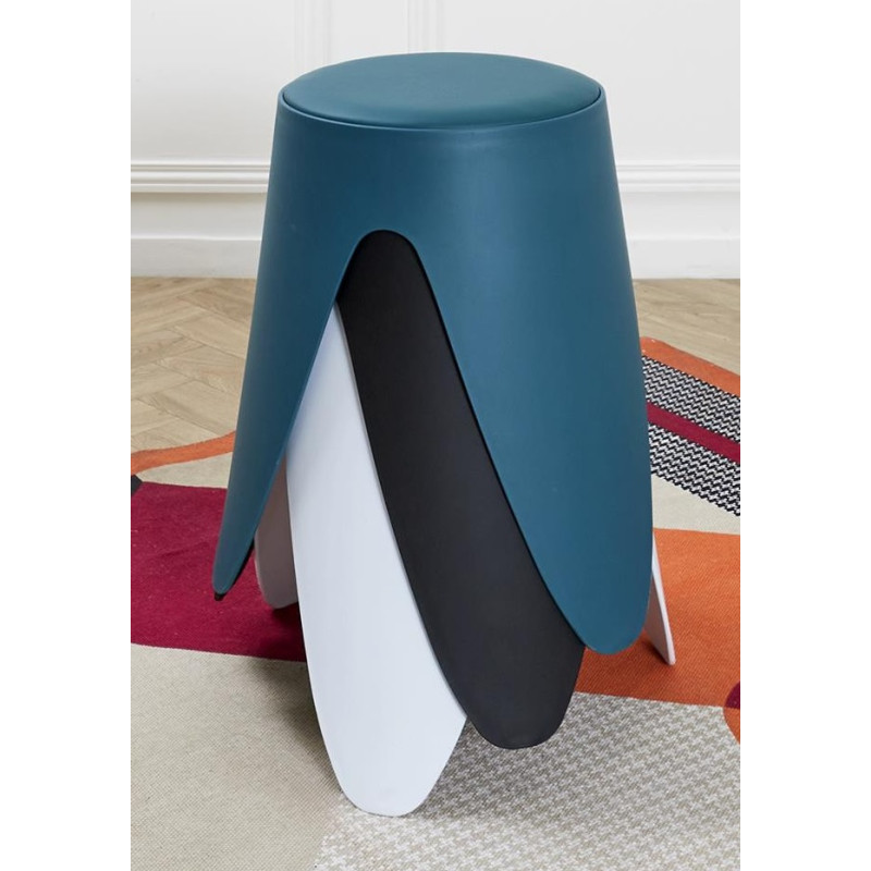 Lot de 3 Tabourets Légers Empilables en Plastique - Blanc Bleu Noir - D 30 x H 46 cm - Gain de place