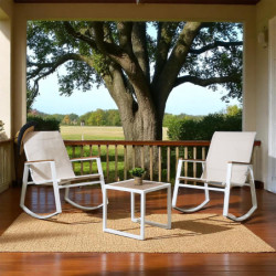 Salon de Jardin 3 Pièces Métal Blanc + Bois | 2 Fauteuils à Bascule + Table Basse