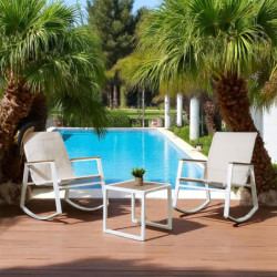 Salon de Jardin 3 Pièces Métal Blanc + Bois | 2 Fauteuils à Bascule + Table Basse