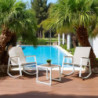 Salon de Jardin 3 Pièces Métal Blanc + Bois | 2 Fauteuils à Bascule + Table Basse