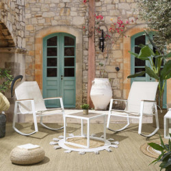 Salon de Jardin 3 Pièces Métal Blanc + Bois | 2 Fauteuils à Bascule + Table Basse