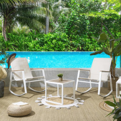Salon de Jardin 3 Pièces Métal Blanc + Bois | 2 Fauteuils à Bascule + Table Basse