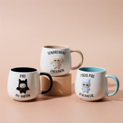 Lot de 3 Mugs Céramique Relief 40 cl Motifs Humoristiques Gromimis - Anse Colorée