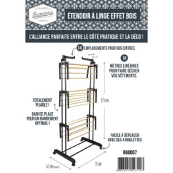 Étendoir à Linge 3 Étages Effet Bois 16 m Étendage Pliable Gain de Place