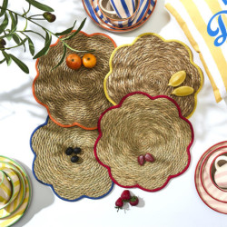 Lot de 12 Sets de Table Tressés en fibre naturelle - Fleur 36 cm - Couleurs estivales