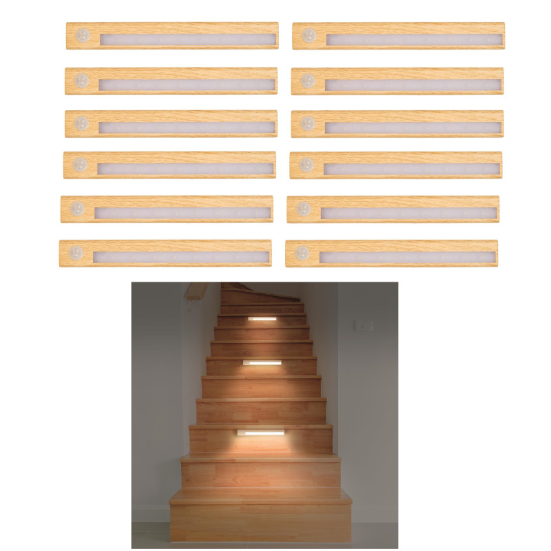 Lot de 12 Lampes LED Détecteur de Mouvement Effet Bois Magnétique Sans Fil 23,5 x 3 x 1,3 cm